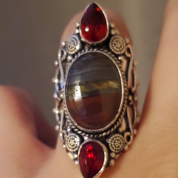 New Iron Tiger Eye and Garnet 925 Silver Ring. - Picture 7 of 7